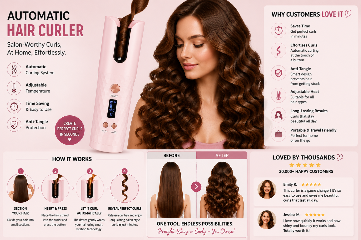 Auto Curl Pro | Cordless Automatic Ceramic Hair Curler with LCD Display