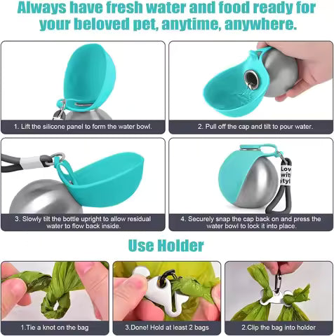 Portable Dog Water Bottle – Leak‑Proof Stainless Steel with Silicone Bowl (285ml)