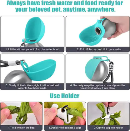 Portable Dog Water Bottle – Leak‑Proof Stainless Steel with Silicone Bowl (285ml)