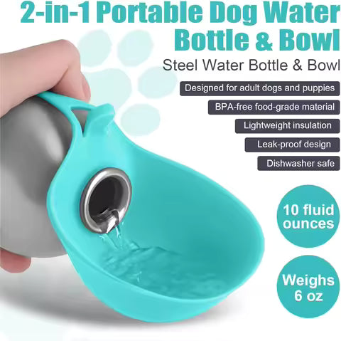 Portable Dog Water Bottle – Leak‑Proof Stainless Steel with Silicone Bowl (285ml)
